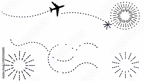 A minimalist vector graphic illustration of an airplane flying through dotted lines and starbursts
