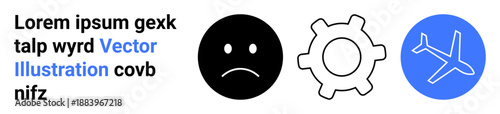 Emotions, travel, technology, expressions, industry, mechanics. A sad emoticon, gear and airplane design aligned in a row. Emotions and travel through minimalist and sleek icons