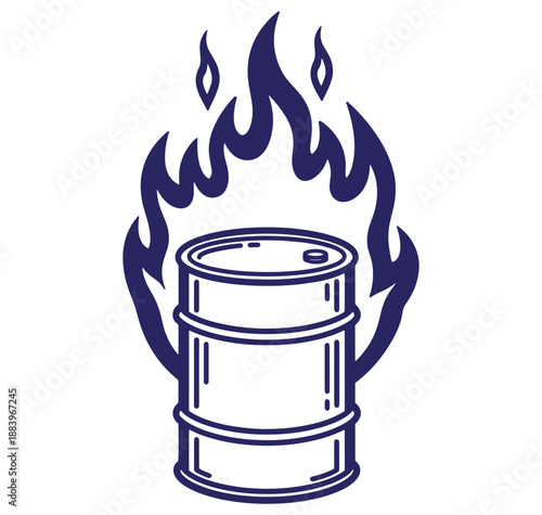 Burning oil barrel illustration showing environmental hazard and industrial danger simple design