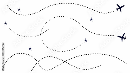 A minimalist vector graphic illustration of airplanes flying through the stars with dotted lines