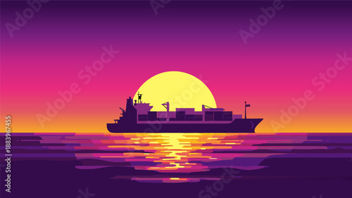 Vibrant sunset vector illustration of a cargo ship sailing on calm waters, reflecting the golden sun and purple sky