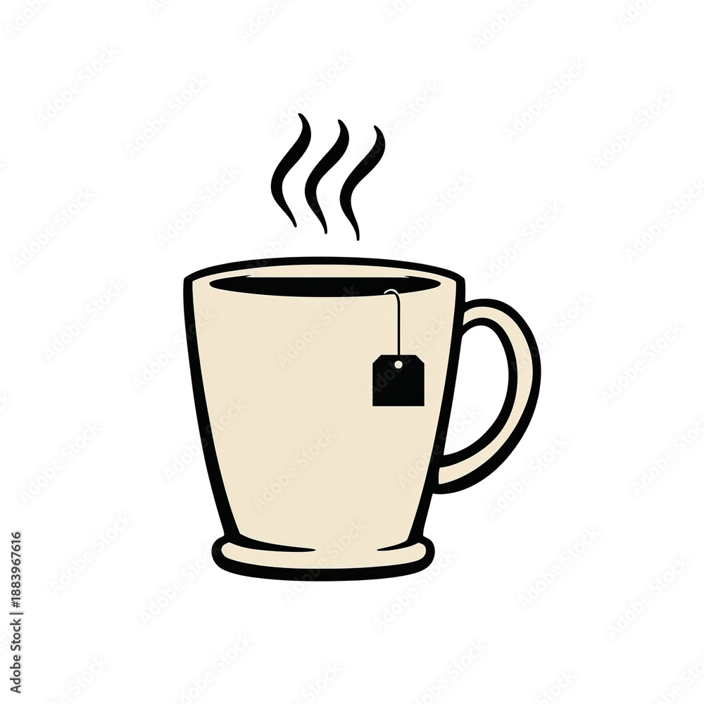 Obraz premium A cream-colored mug with a tea bag, steam rising, set against a black backdrop