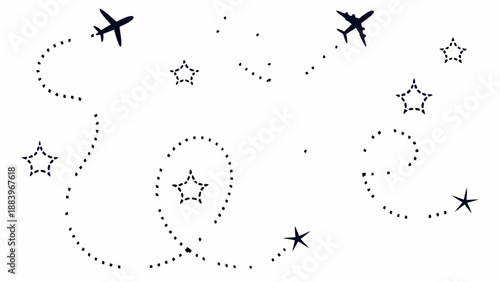 A minimalist vector graphic illustration of airplanes flying through the stars with dotted lines