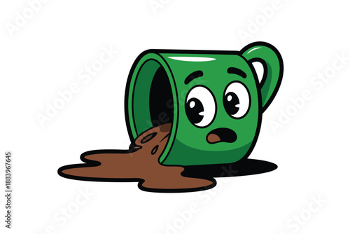 A cartoon green mug with a shocked face spills brown liquid
