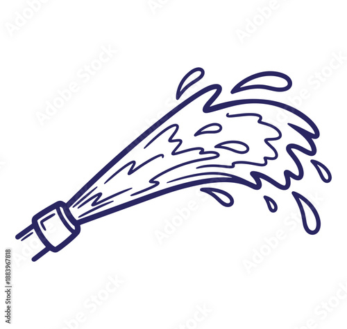 Hand drawn illustration of a water hose spraying water for cleaning and gardening purposes
