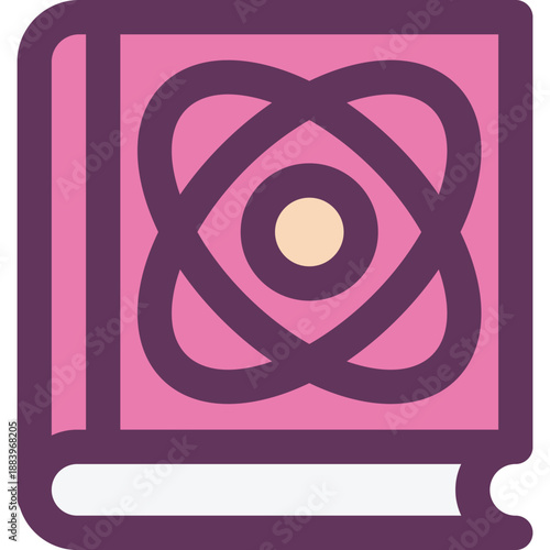 Colorful science textbook icon with atomic symbol for physics, chemistry, STEM learning resources, classroom materials and educational projects


