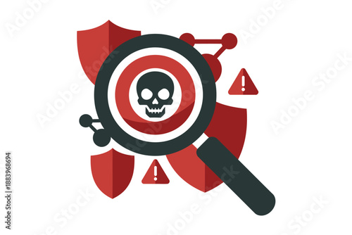 A graphic illustration of a magnifying glass over a skull and shield