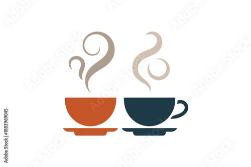 Two steaming cups of coffee on saucers in orange and dark blue