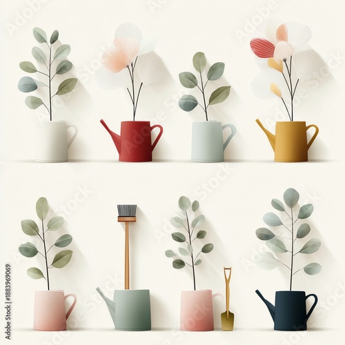 Seamless repeating pattern of minimalist gardening tools in soft pastel color palette
