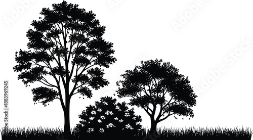 ector illustration of tree and bush silhouettes, forest nature landscape design, eco friendly outdoor scenery, natural environment graphic, green park plants illustration