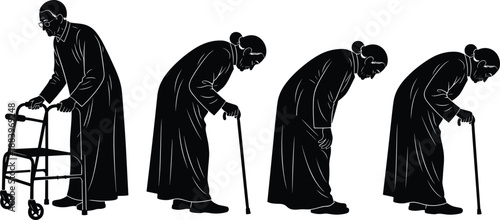 PrintElderly person silhouette vector, aging posture progression, senior mobility stages, black illustration for medical, educational, awareness, and graphic design content