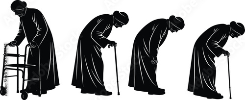 Elderly person silhouette, aging mobility stages, walker and cane support, senior health decline, vector illustration, black and white, aging concept art