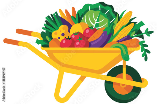 A vibrant yellow wheelbarrow overflowing with fresh vegetables and fruits