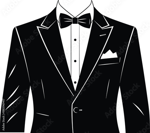 Elegant tuxedo suit with bow tie, formal wear vector illustration, classic black jacket design for fashion, wedding, branding, luxury clothing, and events.