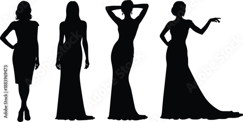 Elegant women silhouette vector illustration, ladies in long dresses posing, black and white fashion design, graceful female figures for style concepts