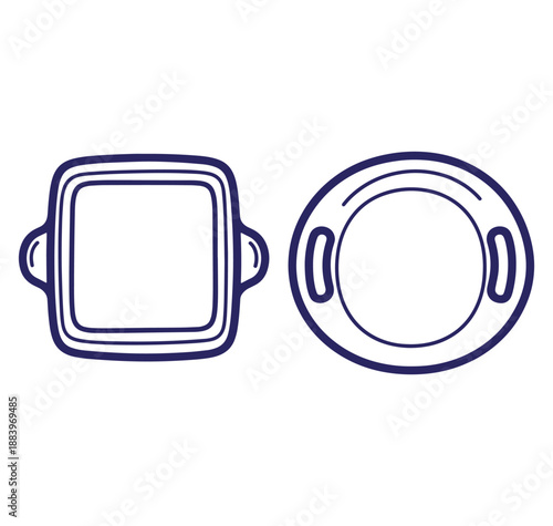 Simple hand drawn illustration of two serving dishes one square and one round