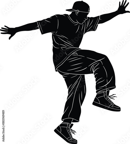 Slika na platnu Energetic dancer silhouette mid-leap, wearing cap and baggy clothes, expressive
