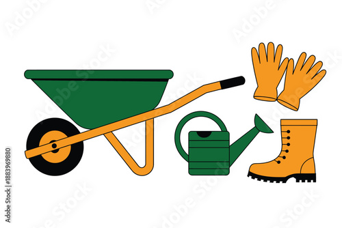 A collection of gardening tools and equipment on a white background