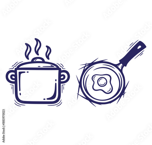 Vector illustration of a cooking pot and frying pan with a fried egg on a white background