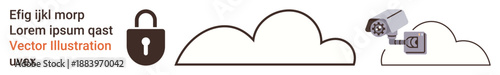 Cloud security, data encryption, online privacy, surveillance, data storage, remote monitoring. Illustration of a padlock, cloud shapes and a surveillance camera. Cloud security and data encryption