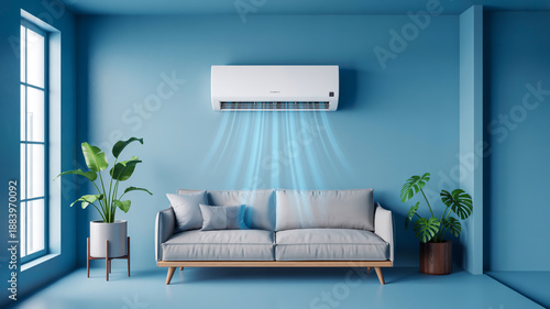 A modern minimalist living room interior with a light blue wall and floor