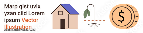 Real estate, sustainability, economy, eco-friendly living, green energy, urban development. Small house, plant and money coin icons connected in sequence. Real estate and sustainability concept