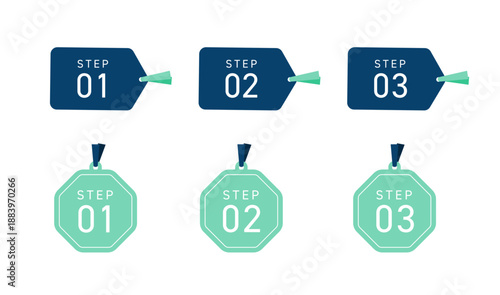 ミッドナイトブルー（濃紺）の背景に鮮やかな右端が矢印のように鋭角に尖ったシェブロン形状を採用することでWebサイト上の進捗状況や手順の進行方向を視覚的にガイドするデザイン｜ミントグリーンの平紐リボンを通した読書用のしおり（ブックマーク）を模したステップアイコンセット