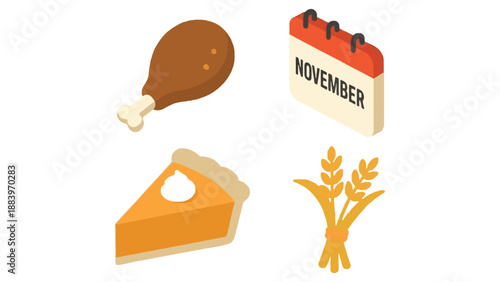 A digital illustration of Thanksgiving icons on a white background