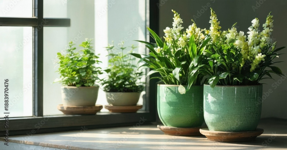 Fototapeta premium Plants sit windowsill, bathed sunlight. Green foliage contrasts neutral tones. Peaceful indoor garden scene.