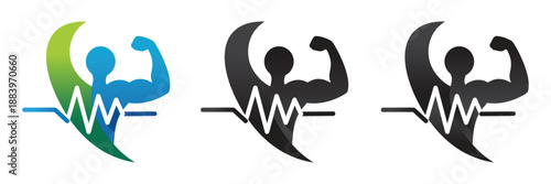 Vital Strength Fitness Logo Set - Professional Bodybuilder Icon with EKG Heartbeat Pulse for Gym Training and Wellness Brand Identity