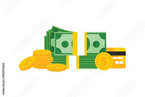 An illustration of money, coins, and a credit card on a white background