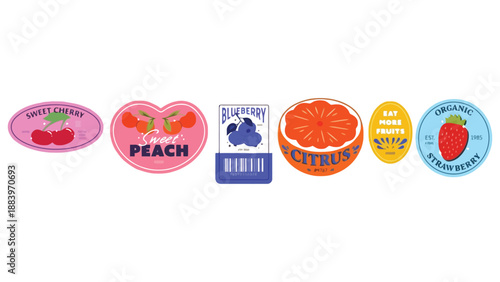 A colorful assortment of fruit stickers on a white background