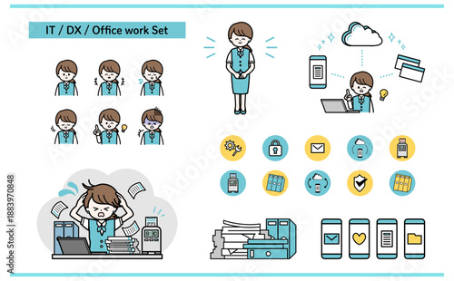 事務作業に追われる女性社員とDXで業務改善するオフィスのITイメージのアイコンイラストセット