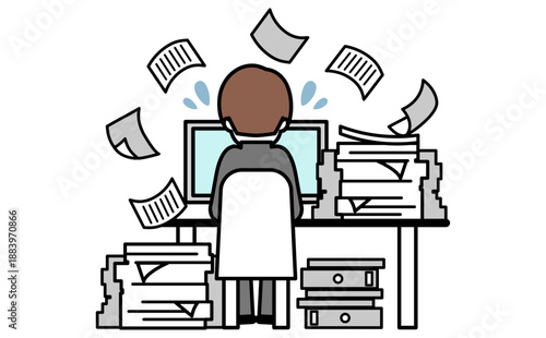 書類に追われてパソコン作業をする事務職の業務過多のイメージイラスト