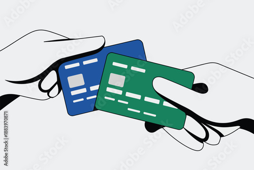 A hand exchanging two credit cards on a plain background.