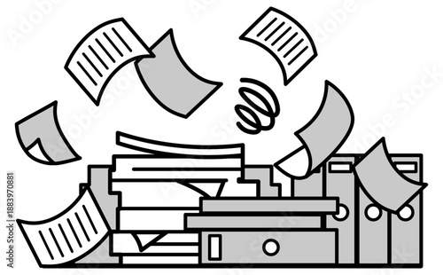 紙書類が散乱して管理できない事務作業の非効率イメージイラスト