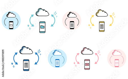 スマートフォンとクラウドを連携して書類を管理するDXのイメージアイコンのイラストセット