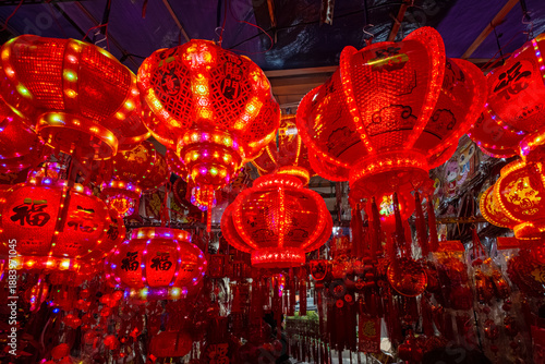 Red lanterns and various decorations sold in chinese market in Glodok, Jakarta, Indonesia for lunar new year