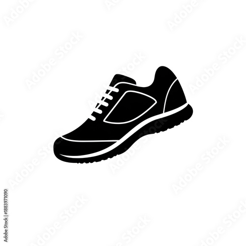 A white outlined illustration of a running shoe with laces and curved details against a black background
