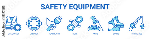 Safety Equipment web banner icon vector illustration concept with icon of first aid kit, life jacket, lifebuoy, flashlight, rope, knife, boots.