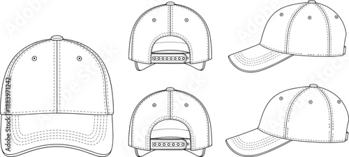 Baseball cap vector technical illustration set showing front back and side views isolated on white background for apparel fashion design use
