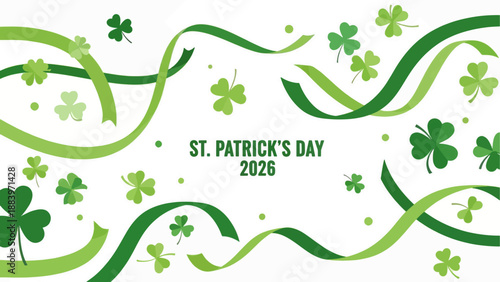 St. Patrick's Day 2026 Refreshing Green Ribbons and Shamrocks Scattered on White Background