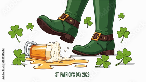 St. Patrick's Day 2026: Leprechaun Legs Kick Over a Beer Mug, Spilling Foam and Beer Amidst Shamrocks