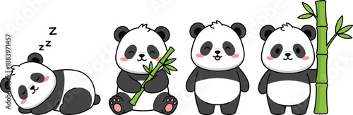 Cute panda cartoon character set showing sleeping eating standing poses with bamboo vector illustration isolated on white background for kids design