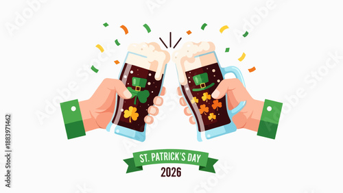 St. Patrick's Day Cheers 2026: Two Hands Clinking Beer Mugs Decorated with Hats and Shamrocks