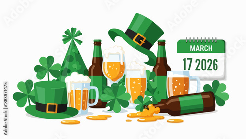 St. Patrick's Day 2026 Party Scene: Beer Bottles, Mugs, Hats, Shamrocks, and Calendar Marking March 17