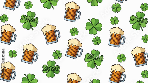 St. Patrick's Day 2026 Festive Pattern: Beer Mugs and Green Shamrocks Scattered on White Background