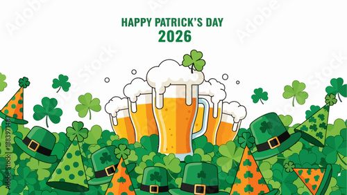 Happy St. Patrick's Day 2026 Party Scene with Abundant Beer, Hats, and Green Shamrocks