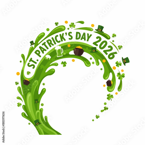 Dynamic green splash for St. Patrick's Day with beer, shamrocks, and festive symbols