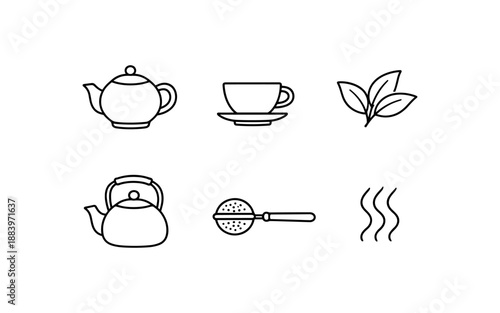 Collection of simple line art icons representing tea preparation and enjoyment